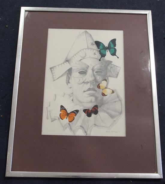 Martin Battersby (1914-1982) Pierrot & butterflies 17 x 12in.